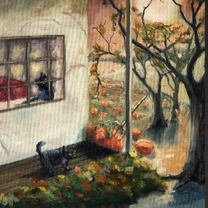 May include: An oil painting depicts a black cat on a wooden porch, with a second cat visible through a window. The scene includes pumpkins, fall foliage, and a view of trees. The artwork evokes a cozy autumn atmosphere.