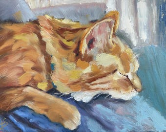 Sleeping Tabby Cat Art: Impressionist Giclee Print by T. Sutton