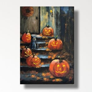 Porch of Jack O Lanterns ORIGINAL painting by TSutton, 10x7&quot; on cradled frame, Halloween decor, black cat, pumpkins, autumn wall art