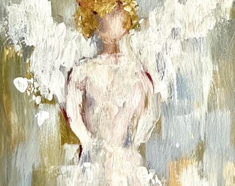 Abstract Angel #2 ORIGINAL painting by T. Sutton, 9x12" matted in gold frame, Christmas decor, gift for host, holiday wall art