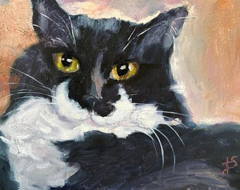 Tuxedo Cat Portrait: Impressionist Giclee Print by T. Sutton
