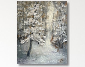Winter trees ORIGINAL oil landscape painting by T Sutton art, 11x14 wrapped canvas, abstract tonal forest landscape, impressionist wall art
