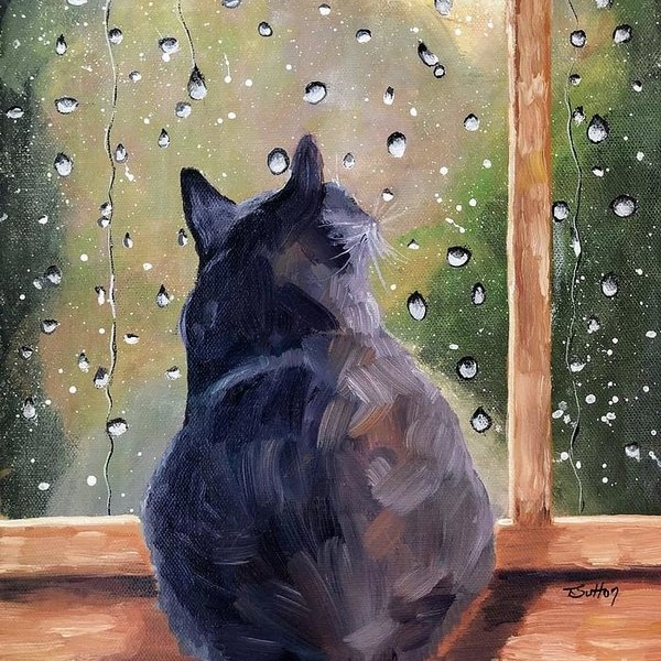 Grey cat on a rainy windowsill painting / Giclee print of original oil painting by T. Sutton / cat fancier's wall art / gift for cat lover