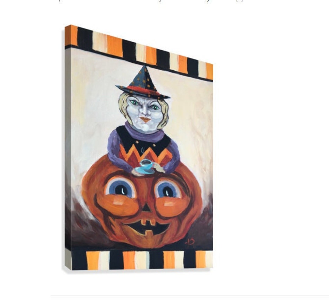 Halloween Witch and Jack O Lantern Painting Giclee Canvas or - Etsy