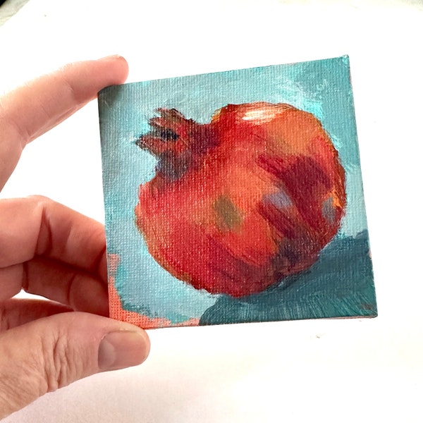 Small ORIGINAL Pomegranate still life painting by T Sutton 3x3” canvas w/ choice of magnet backing or wooden easel, stocking stuffer