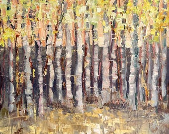 Aspen Grove ORIGINAL oil painting by T Sutton, 7x8" on cradled panel frame, Fall landscape, autumn wall art, Impressionist trees