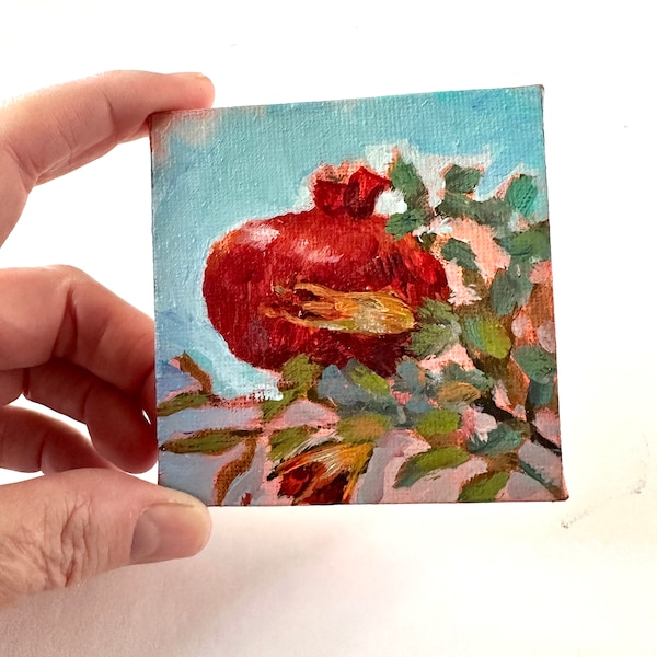 Small ORIGINAL Pomegranate still life painting by T Sutton 3x3” canvas w/ choice of magnet backing or wooden easel, stocking stuffer