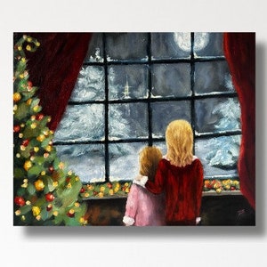 May include: A Christmas-themed painting depicts two figures gazing out a window at a snowy landscape. A decorated Christmas tree is on the left, and red curtains frame the window. The figures are wearing red and pink clothing.