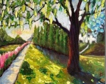 Spring Day in the Neighborhood ORIGINAL oil painting on 12x12" gallery wrapped canvas by T. Sutton art - impressionist impasto Irish Moss