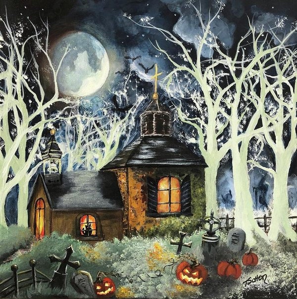 Halloween Graveyard Painting, Giclee Canvas or Prints, Tombstones ...