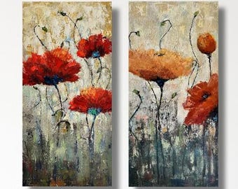 Impasto Poppies, 2 ORIGINAL 30x15" oil paintings on gallery wrapped canvas by T Sutton art. Impressionist floral wall art, abstract flowers