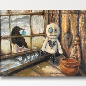 Halloween doll & crow ORIGINAL oil painting by T Sutton art, 17x23&quot; canvas and frame all-in-one, Halloween decor, fall mantlepiece