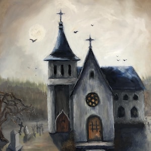Gothic Church cemetery wall art, Giclee Prints from original oil painting by T. Sutton, Abandoned graveyard, Halloween decor, ravens