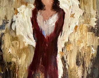 Abstract Angel ORIGINAL painting by T. Sutton, 9x12" matted in gold frame, Christmas decor, gift for host, holiday wall art