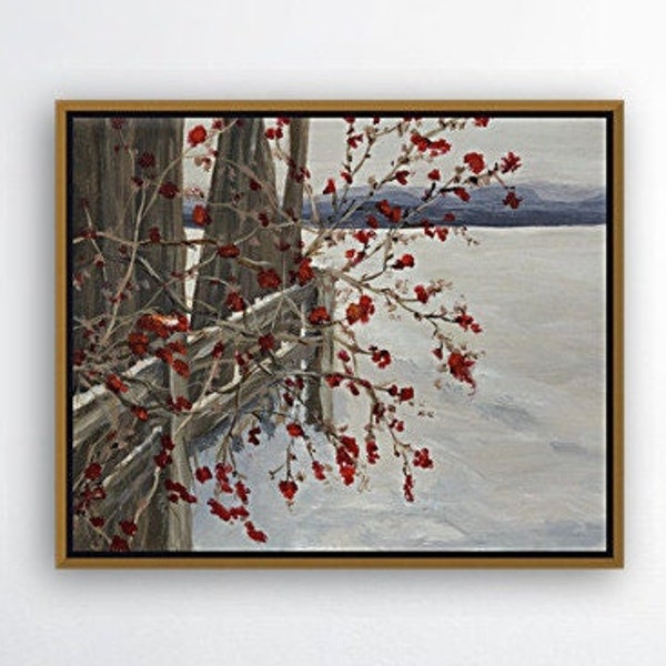 Winterberries snow landscape painting, Giclee prints or canvas, winterscape, holiday decor, minimalist winter wall art by T Sutton