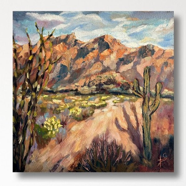 Desert Landscape oil painting ORIGINAL 10x10" panel on optional frame by T Sutton art. Southwest wall art, gift for host, Arizona landscape