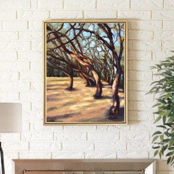 Manzanita forest painting, Giclee prints of acrylic painting by T. Sutton, tree landscaped painting, minimalist decor, impressionism