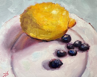 Lemons & Blueberries ORIGINAL 8x7" oil painting on cradled framed panel by T Sutton art. Impressionist lemon still life, kitchen decor