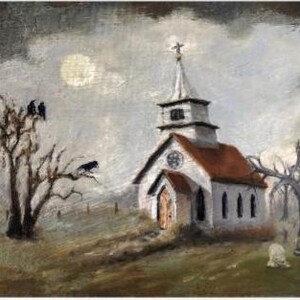 Gothic Church Autumn wall art, Giclee Prints from original oil painting by T. Sutton, Abandoned graveyard, Halloween decor, fall landscape