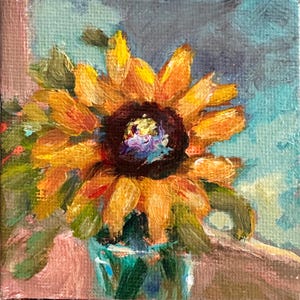 Original Sunflower Painting: Small Impasto Floral Art, 3&quot; Canvas