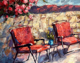 Patio oil painting ORIGINAL 8x8" on cradled frame by T Sutton art. Red chairs, summer wall art, gift for host, backyard southwest art