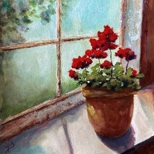 Geraniums on windowsill Giclee prints of oil painting by T. Sutton art, impressionist floral, red flowers, terracotta pot, gift for host