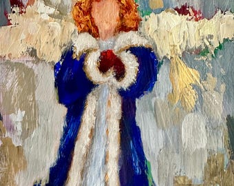 Abstract Angel #3 ORIGINAL painting by T. Sutton, 9x12" matted in gold frame, Christmas decor, gift for host, holiday wall art