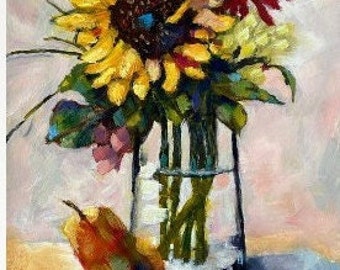 Sunflower Bouquet Art Print: Impressionist Floral Still Life by T. Sutton