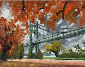 May include: A painting of a green suspension bridge with a cloudy sky and fall foliage in the foreground.