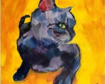 Whimsical Black Cat Giclee Print: Expressionist Colorful Wall Art