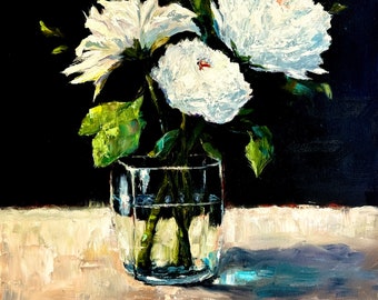 White Flowers in Vase, print of original oil painting by T Sutton. Impressionist florals