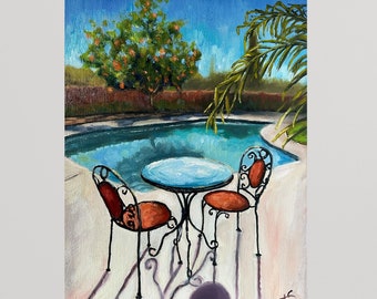 Summer Poolside wall art from originals by T Sutton Art, Giclee prints, summer decor, backyard landscapes, impressionist patio painting