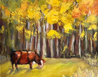 Autumn Aspens Cow Painting: Impasto Fall Landscape Art Print