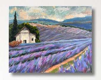 Lavender farm ORIGINAL oil landscape painting by T Sutton art, 16x20 wrapped canvas, farmhouse, lavender fields, impressionist wall art