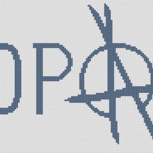 May include: A blue and white cross-stitch design with the letters "OP" and a circle with a cross inside. The design is on a white background.