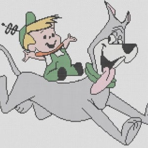May include: A cartoon illustration of a boy riding a large, gray dog. The boy is wearing a green shirt and a green hat. The dog has a long, pink tongue sticking out.