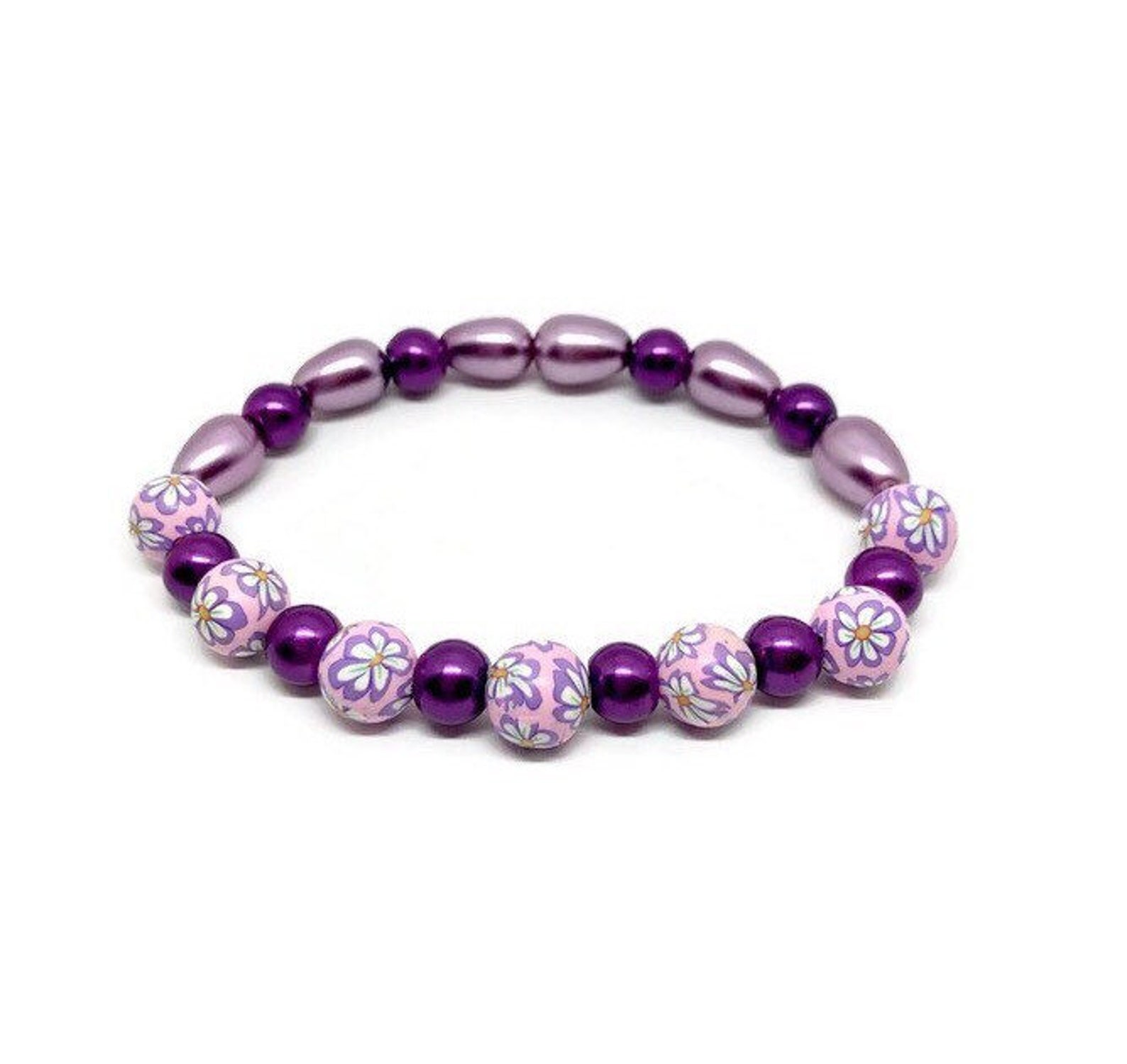 Purple Flower Bracelet Polymer Clay Flower Beaded Bracelet Etsy