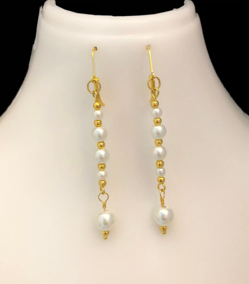 Five Pearl Earrings Pearl and Gold Earrings Multi-White Pearl and Gold Beaded Earrings Bride/'s Pearl Earrings
