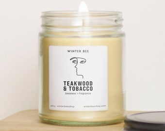 Teakwood and Tobacco Scented Beeswax + Coconut Oil Candles, Fall Scent