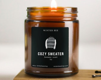 Cozy Sweater Scented Beeswax Candles in Amber Glass, Fall Scent