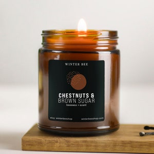 Chestnuts & Brown Sugar Scented Beeswax Candles in Amber Glass, Christmas Candle