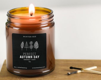 Perfect Autumn Day Scented Beeswax Candles in Amber Glass, Fall Scent
