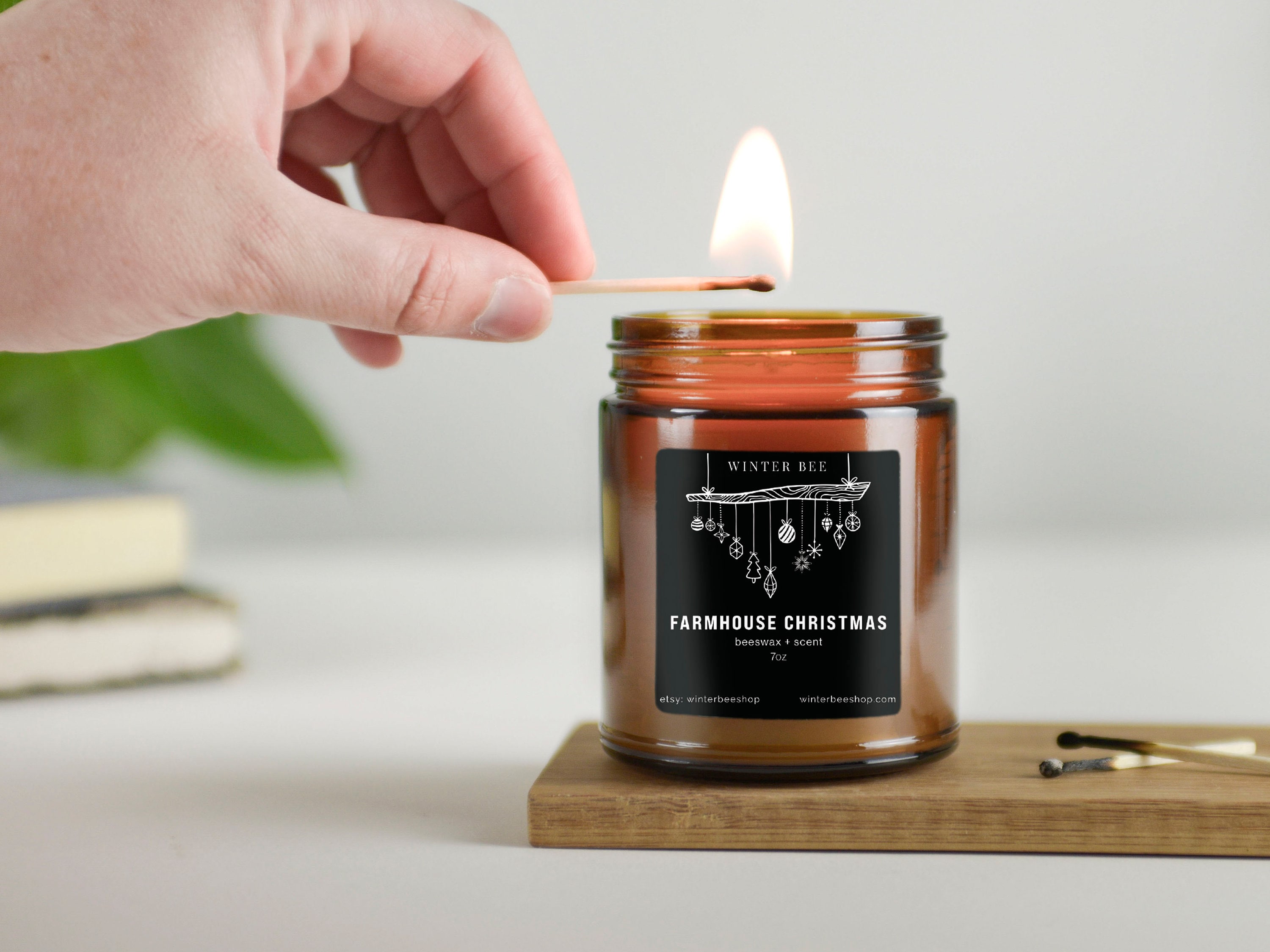 Farmhouse Christmas Scented Beeswax Candles in Amber Glass, Christmas