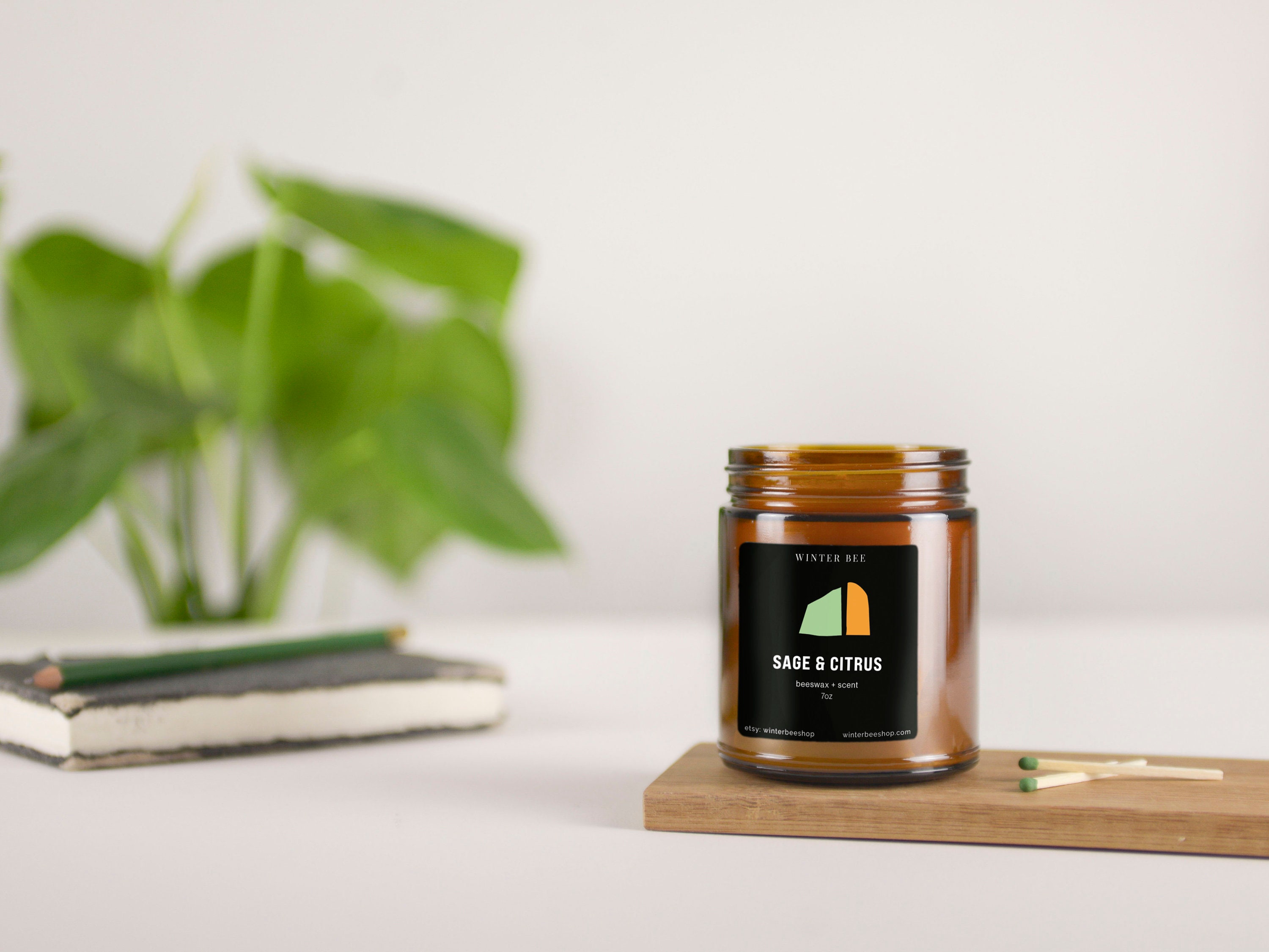 Sage & Citrus Scented Beeswax Candles in Amber Glass Jars