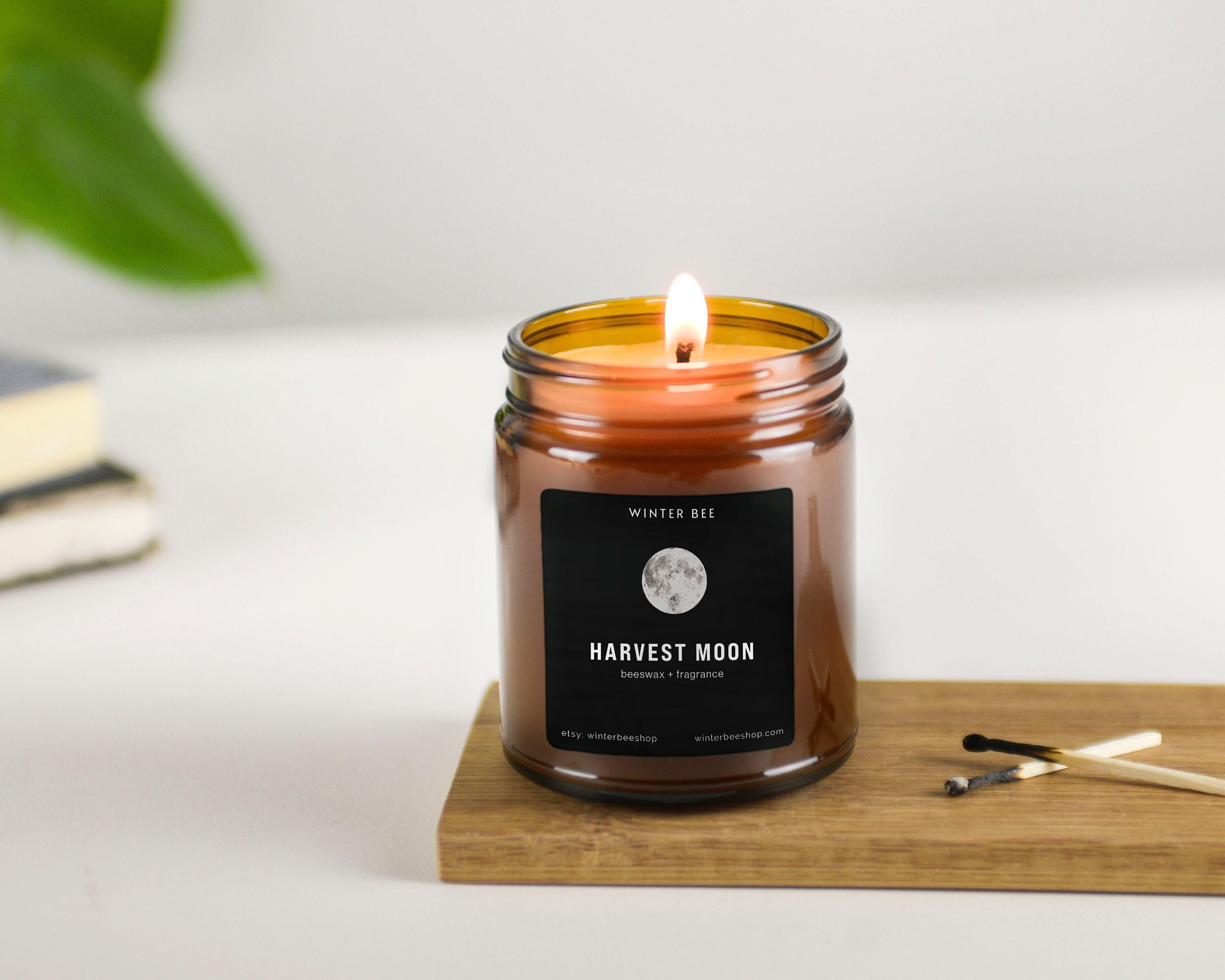 Harvest Moon Scented Beeswax Candles in Amber Glass, Fall Scent