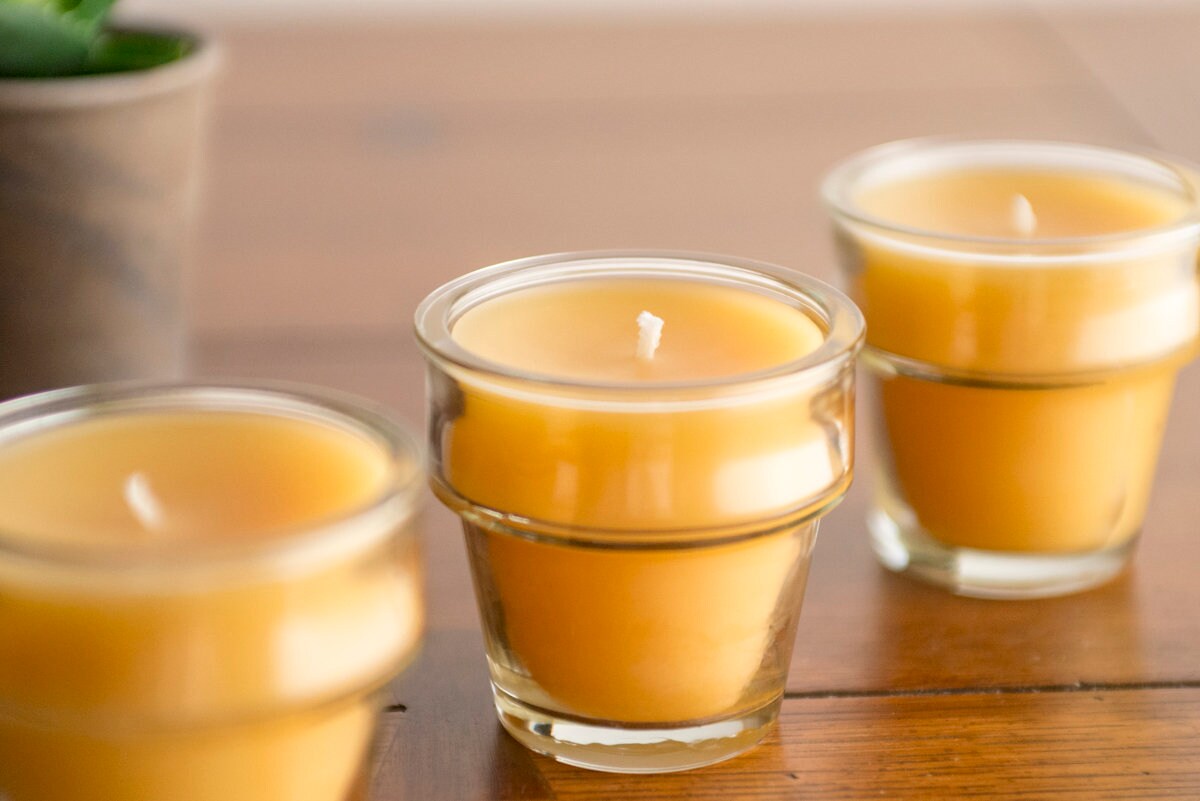 Set of Three Organic Beeswax Candles in Planter Jars