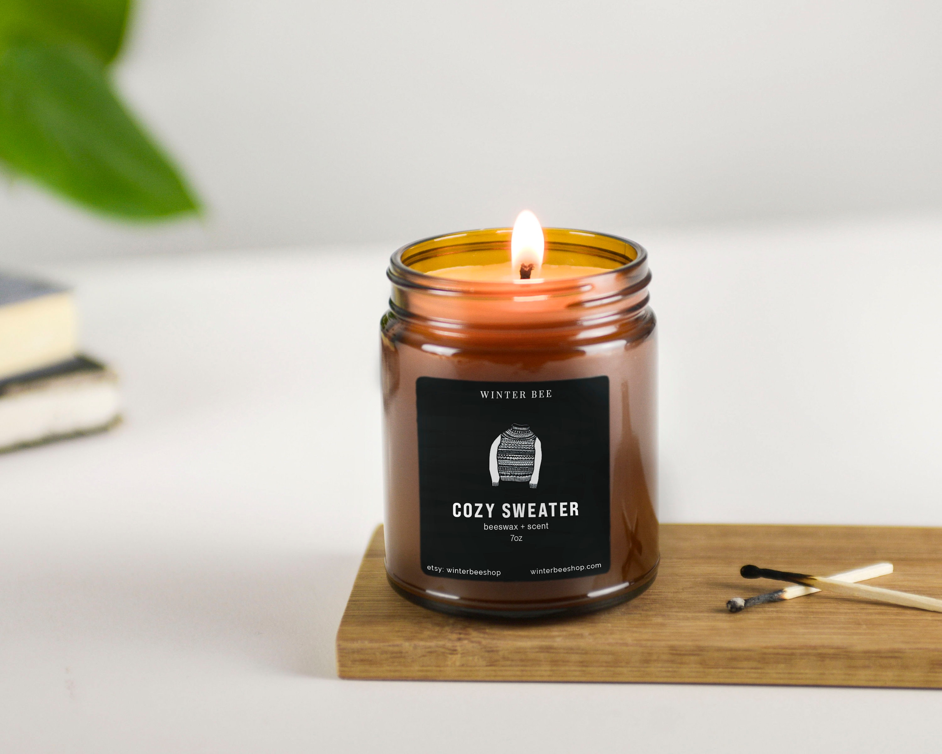 Cozy Sweater Scented Beeswax Candles in Amber Glass, Fall Scent