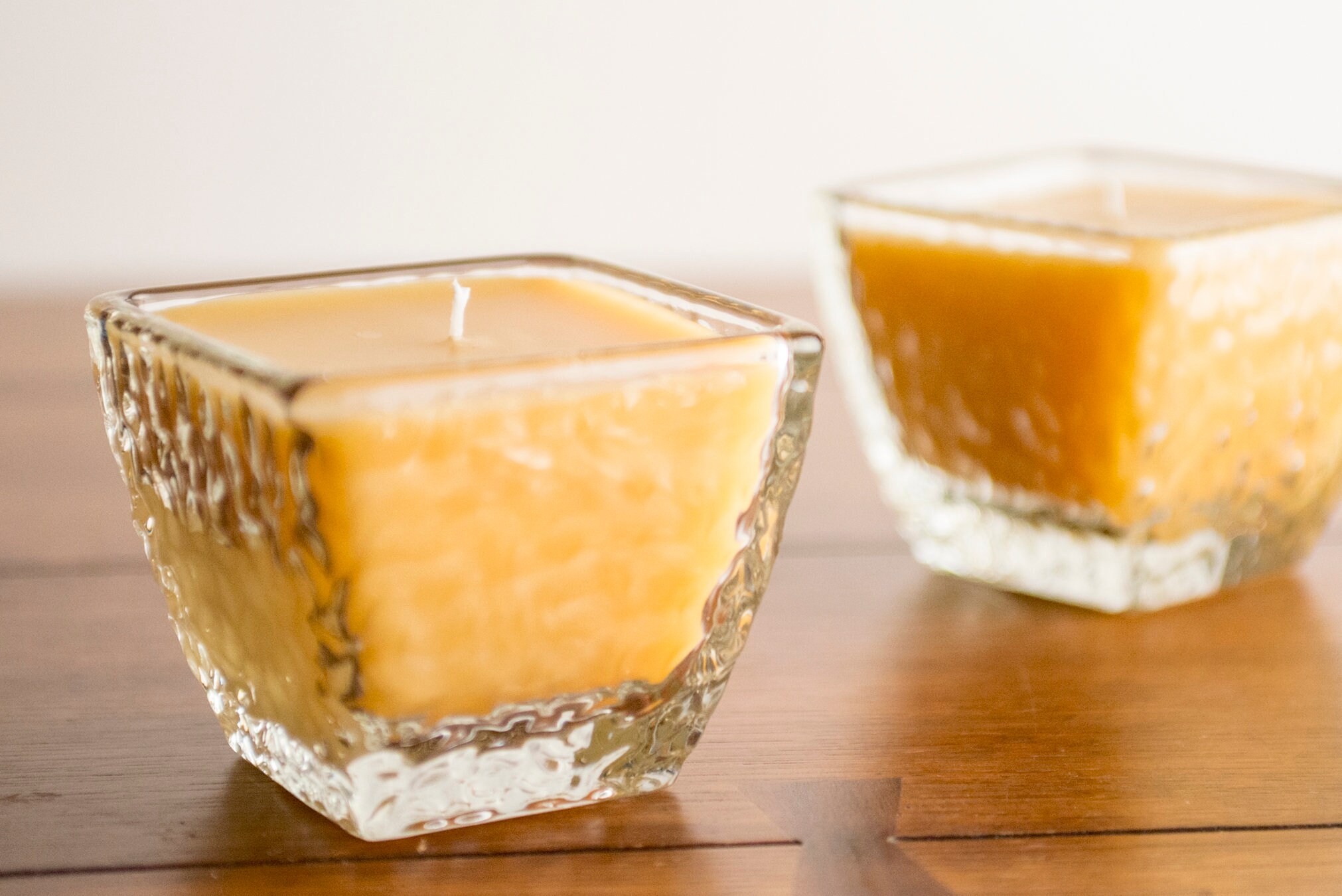 Set of 2 Organic Beeswax Candles in Beautiful Upcycled Glassware