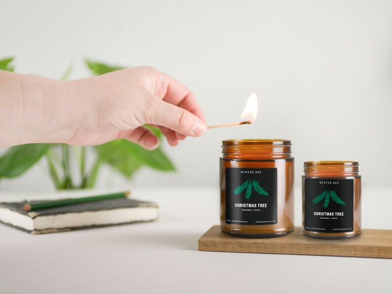 Christmas Tree Scented Beeswax Candles in Amber Glass Etsy