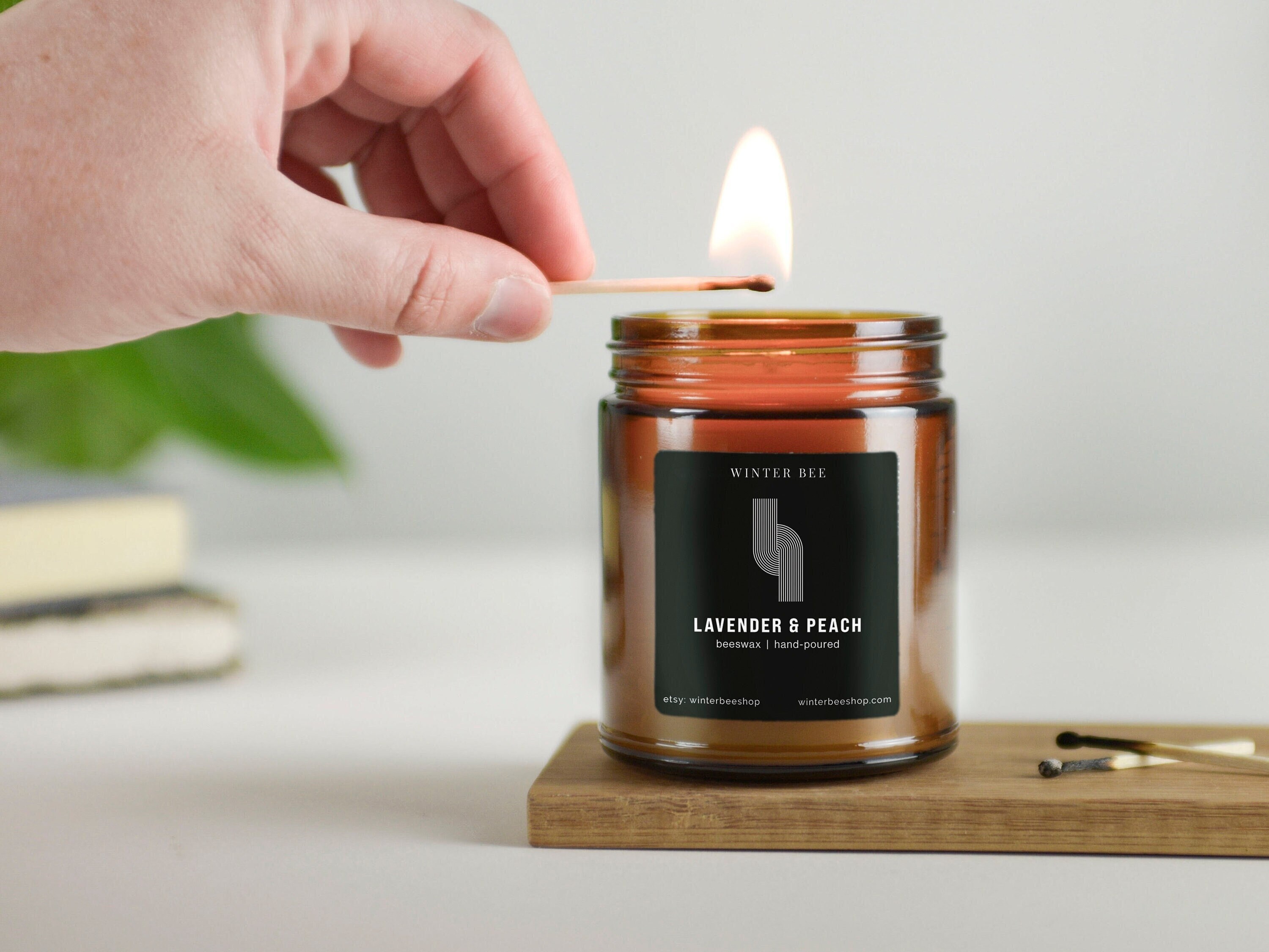 Lavender & Peach Scented Beeswax Candles in Amber Glass Jars